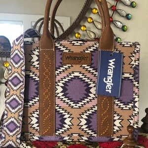 NWT Wrangler Purple & Tan Geometric Crossbody/Tote with Brown Trim